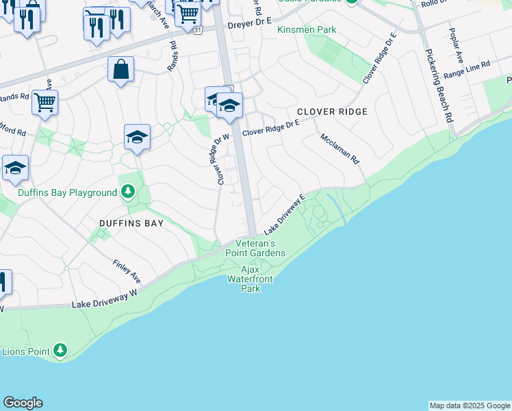 map of restaurants, bars, coffee shops, grocery stores, and more near 74 Andrea Road in Ajax