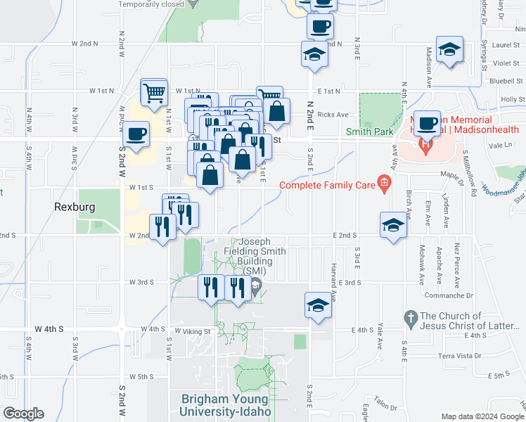 map of restaurants, bars, coffee shops, grocery stores, and more near 156 S 1st E in Rexburg