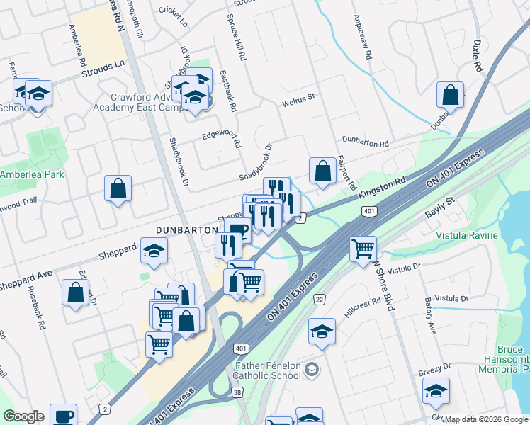 map of restaurants, bars, coffee shops, grocery stores, and more near 791 Sheppard Avenue in Pickering