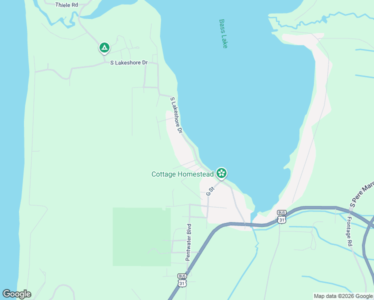 map of restaurants, bars, coffee shops, grocery stores, and more near 7441 South Lakeshore Drive in Pentwater