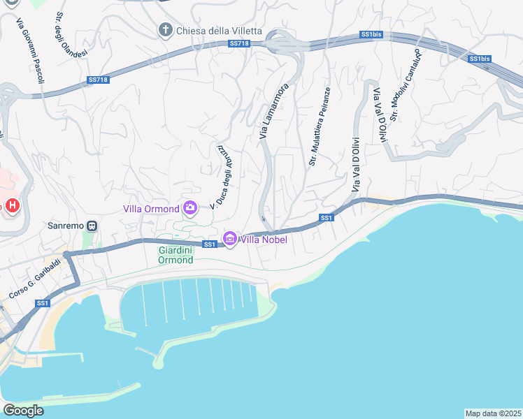 map of restaurants, bars, coffee shops, grocery stores, and more near 40 Via Lamarmora in Sanremo