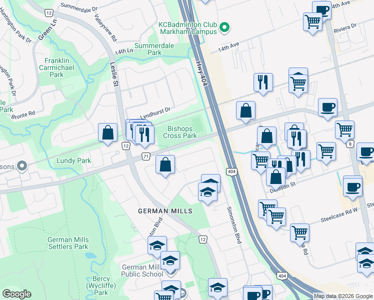 map of restaurants, bars, coffee shops, grocery stores, and more near 144 Snowshoe Crescent in Markham