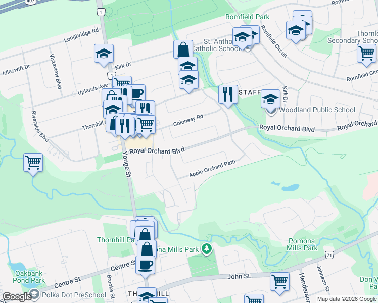 map of restaurants, bars, coffee shops, grocery stores, and more near 51 Royal Orchard Boulevard in Markham