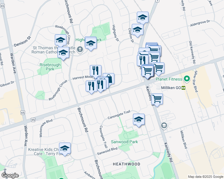 map of restaurants, bars, coffee shops, grocery stores, and more near 63 Harvest Moon Drive in Markham