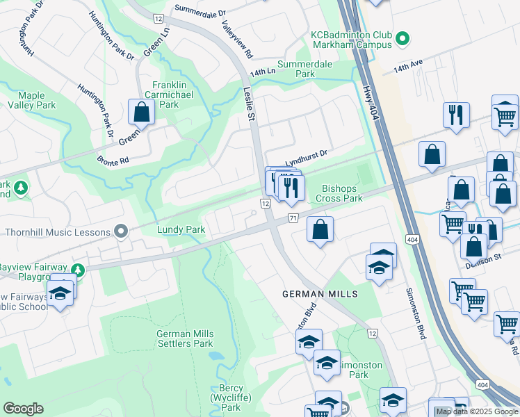 map of restaurants, bars, coffee shops, grocery stores, and more near in Markham