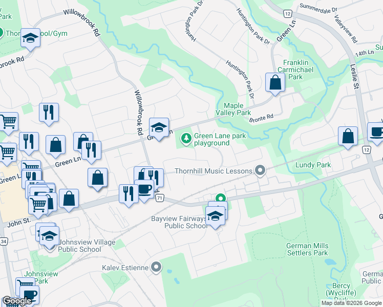 map of restaurants, bars, coffee shops, grocery stores, and more near 22 Thorne Lane in Markham