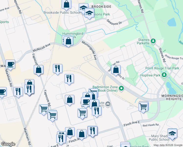 map of restaurants, bars, coffee shops, grocery stores, and more near 237 Finchdene Square in Toronto