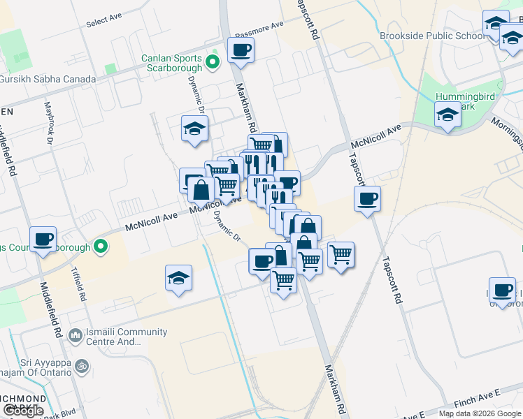 map of restaurants, bars, coffee shops, grocery stores, and more near 2822 Markham Road in Toronto