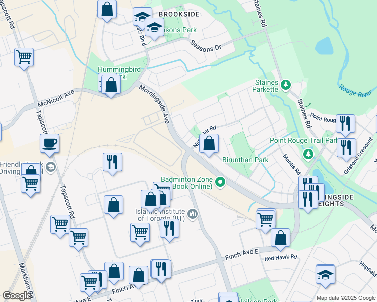 map of restaurants, bars, coffee shops, grocery stores, and more near Morningside Ave & Nightstar Rd in Toronto