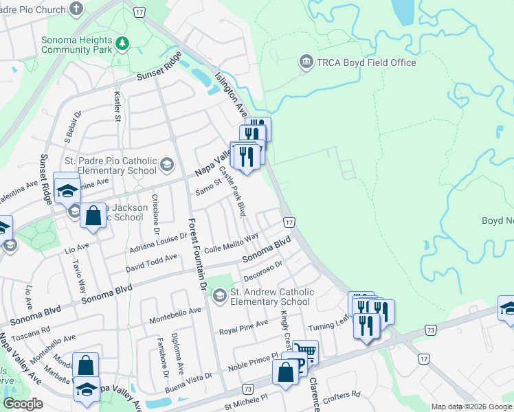 map of restaurants, bars, coffee shops, grocery stores, and more near 9580 Islington Avenue in Vaughan