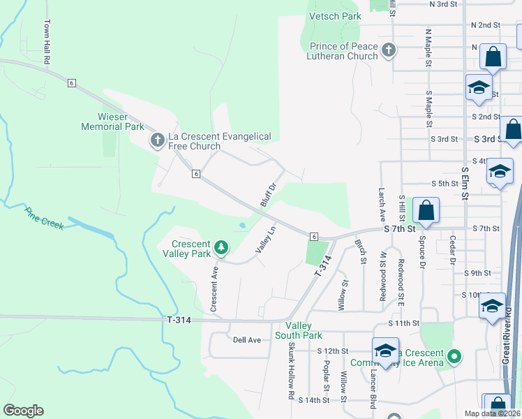map of restaurants, bars, coffee shops, grocery stores, and more near Bluff Drive in La Crescent