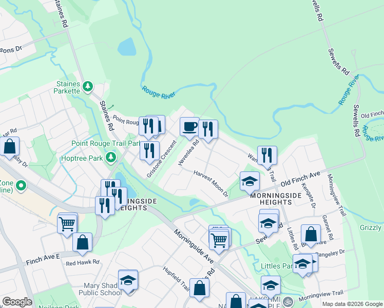 map of restaurants, bars, coffee shops, grocery stores, and more near 56 Havenlea Road in Toronto