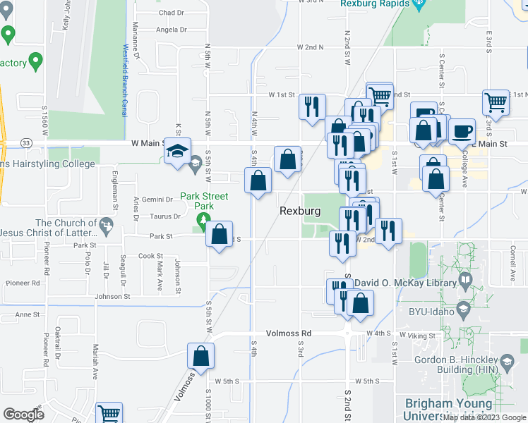 map of restaurants, bars, coffee shops, grocery stores, and more near 127 South 4th West in Rexburg