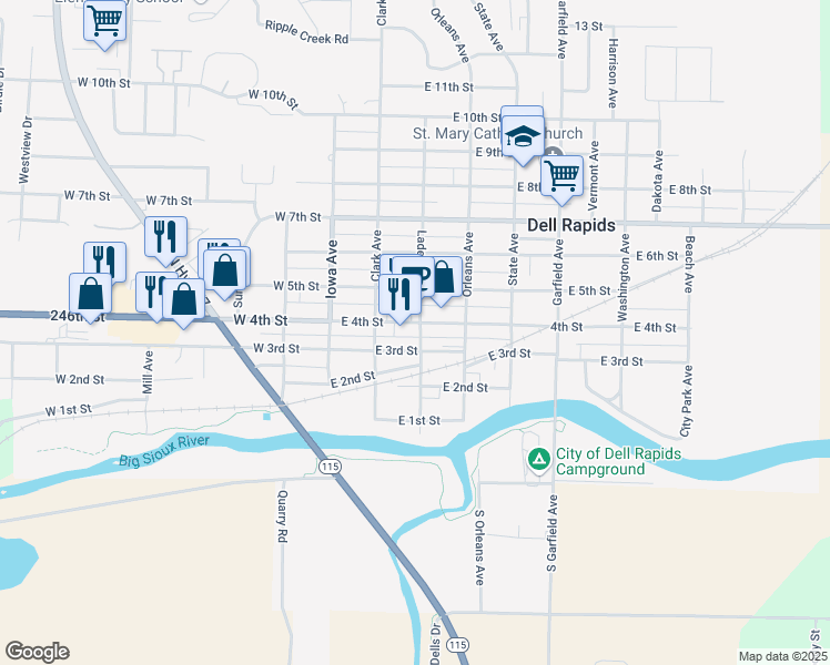 map of restaurants, bars, coffee shops, grocery stores, and more near 335 East 4th Street in Dell Rapids