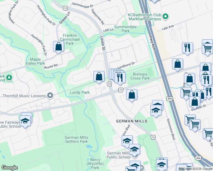 map of restaurants, bars, coffee shops, grocery stores, and more near 2200 John Street in Markham
