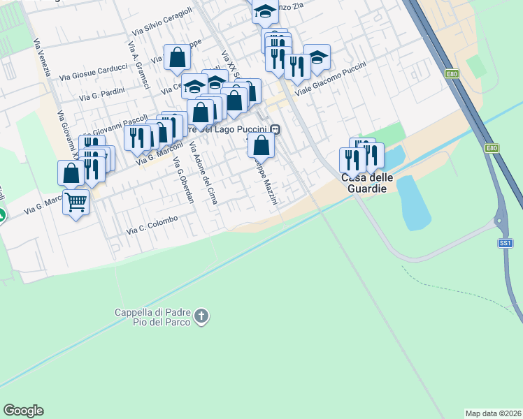 map of restaurants, bars, coffee shops, grocery stores, and more near 51 Via Martiri di San Anna in Torre del Lago Puccini