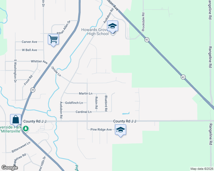map of restaurants, bars, coffee shops, grocery stores, and more near 1021 Bluebird Road in Howards Grove