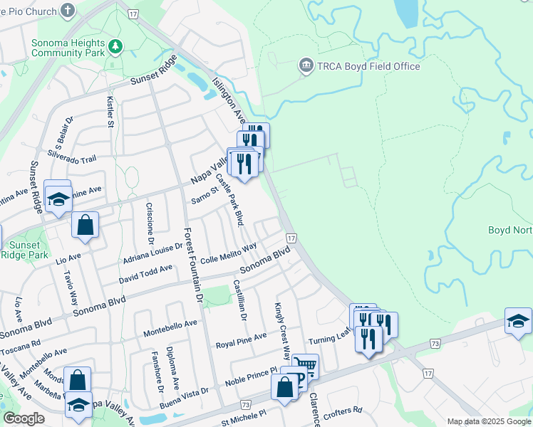 map of restaurants, bars, coffee shops, grocery stores, and more near 9570 Islington Avenue in Vaughan