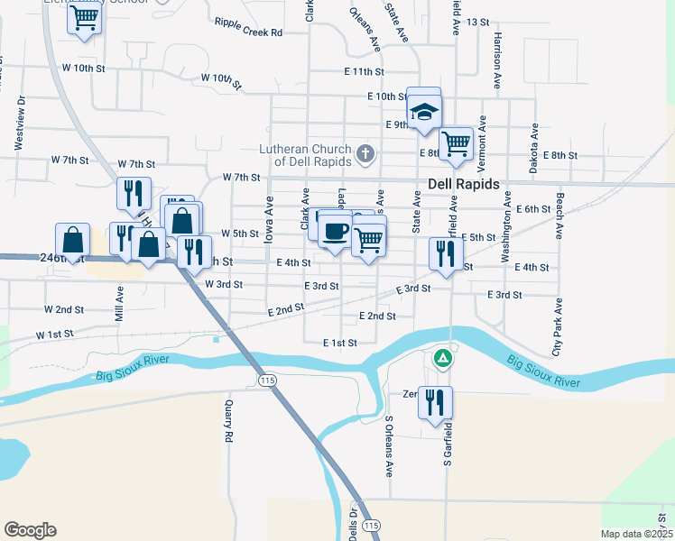 map of restaurants, bars, coffee shops, grocery stores, and more near 335 East 4th Street in Dell Rapids