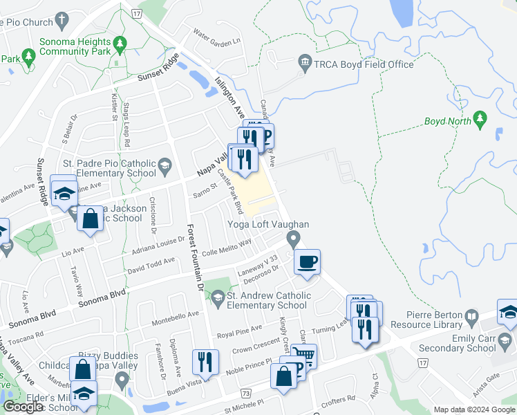 map of restaurants, bars, coffee shops, grocery stores, and more near in Vaughan