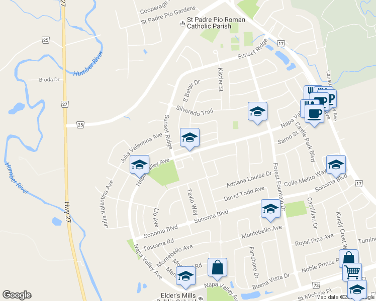map of restaurants, bars, coffee shops, grocery stores, and more near 589 Napa Valley Avenue in Vaughan