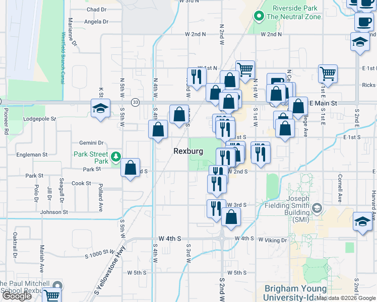 map of restaurants, bars, coffee shops, grocery stores, and more near in Rexburg