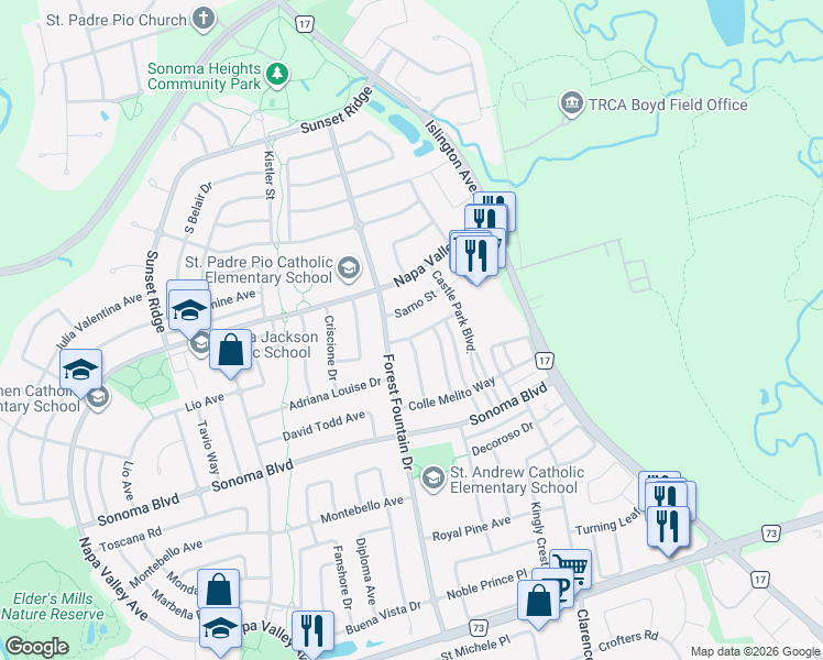 map of restaurants, bars, coffee shops, grocery stores, and more near 28 Laura Sabrina Drive in Vaughan