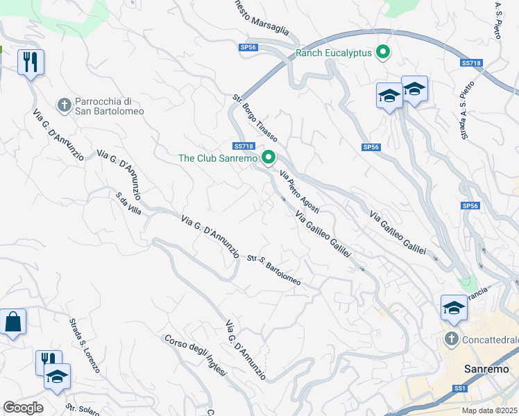 map of restaurants, bars, coffee shops, grocery stores, and more near Strada Borgo Ponente in Sanremo