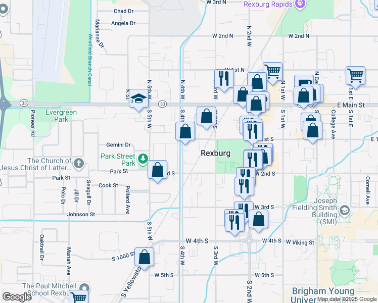 map of restaurants, bars, coffee shops, grocery stores, and more near 145 South 4th West in Rexburg