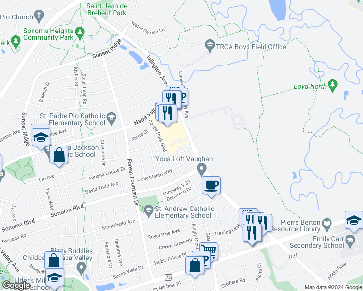 map of restaurants, bars, coffee shops, grocery stores, and more near in Vaughan