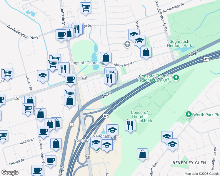 map of restaurants, bars, coffee shops, grocery stores, and more near 136 Yellowood Circle in Vaughan