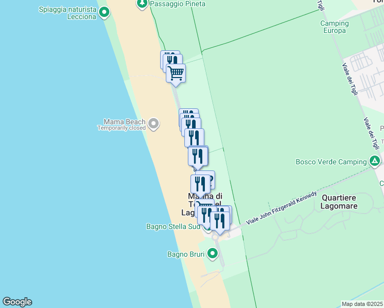 map of restaurants, bars, coffee shops, grocery stores, and more near 33 Viale Europa in Marina di Torre del Lago Puccini