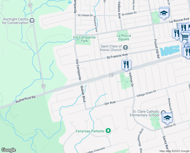 map of restaurants, bars, coffee shops, grocery stores, and more near 71 Pieta Place in Vaughan