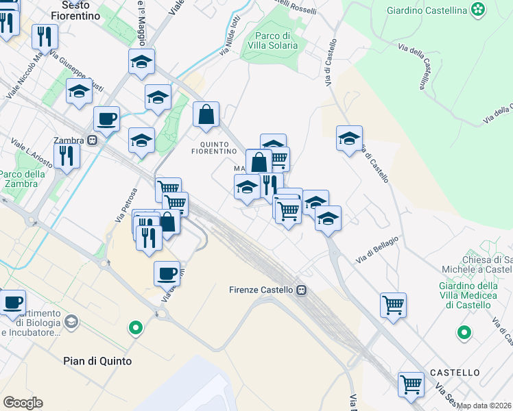 map of restaurants, bars, coffee shops, grocery stores, and more near 18 Via Ruggero Leoncavallo in Sesto Fiorentino