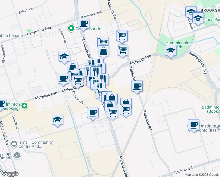 map of restaurants, bars, coffee shops, grocery stores, and more near 2835 Markham Road in Toronto
