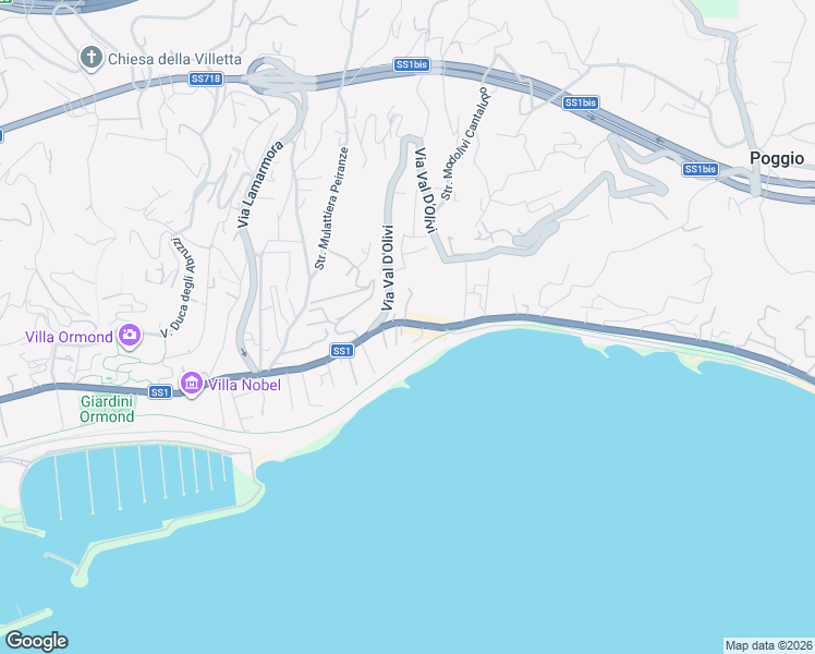 map of restaurants, bars, coffee shops, grocery stores, and more near 13 Corso Giuseppe Mazzini in Sanremo