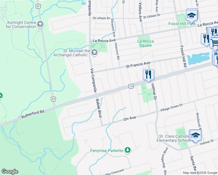 map of restaurants, bars, coffee shops, grocery stores, and more near 78 Pieta Place in Vaughan