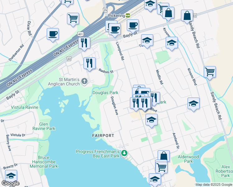 map of restaurants, bars, coffee shops, grocery stores, and more near in Pickering