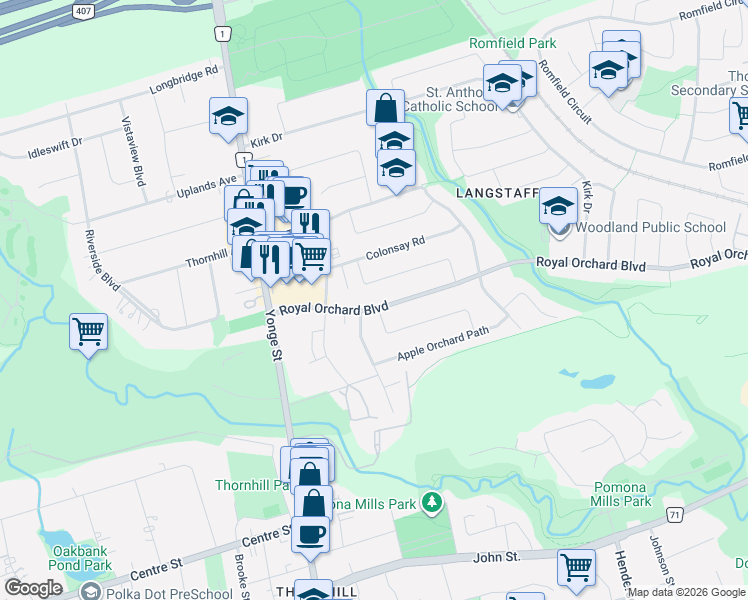 map of restaurants, bars, coffee shops, grocery stores, and more near 44 Royal Orchard Boulevard in Markham