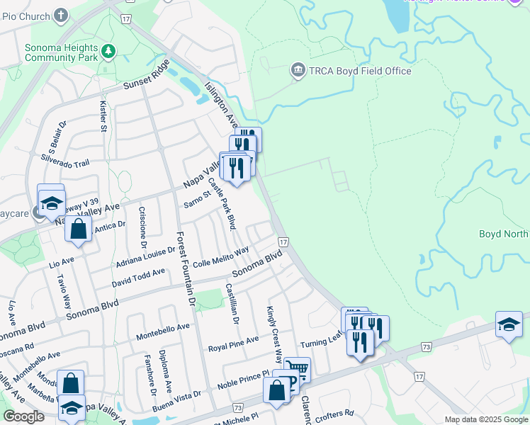 map of restaurants, bars, coffee shops, grocery stores, and more near 9560 Islington Avenue in Vaughan
