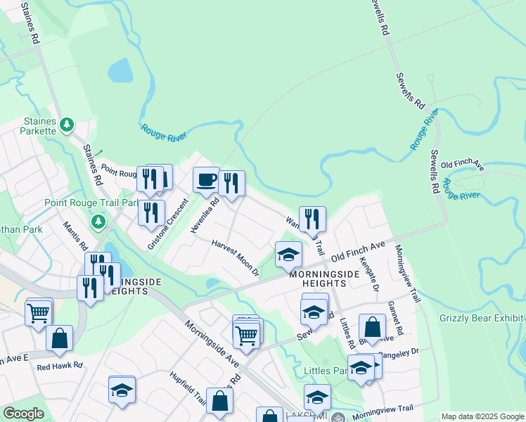 map of restaurants, bars, coffee shops, grocery stores, and more near 62 Wandering Trail in Toronto