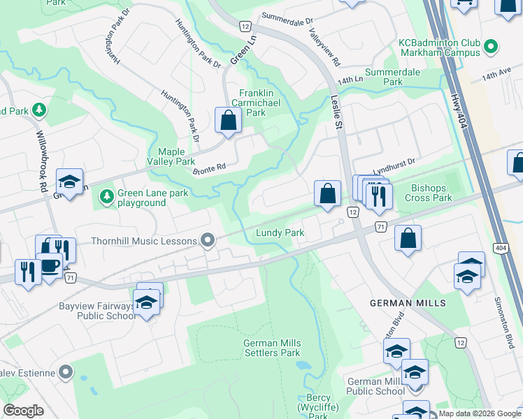 map of restaurants, bars, coffee shops, grocery stores, and more near 96 Bradgate Drive in Markham