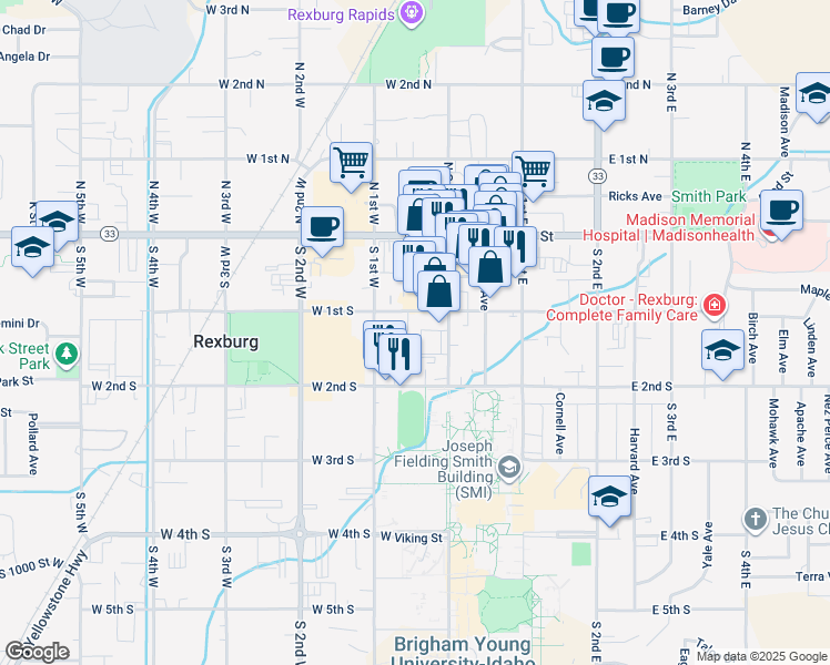 map of restaurants, bars, coffee shops, grocery stores, and more near 33 South 1st West in Rexburg