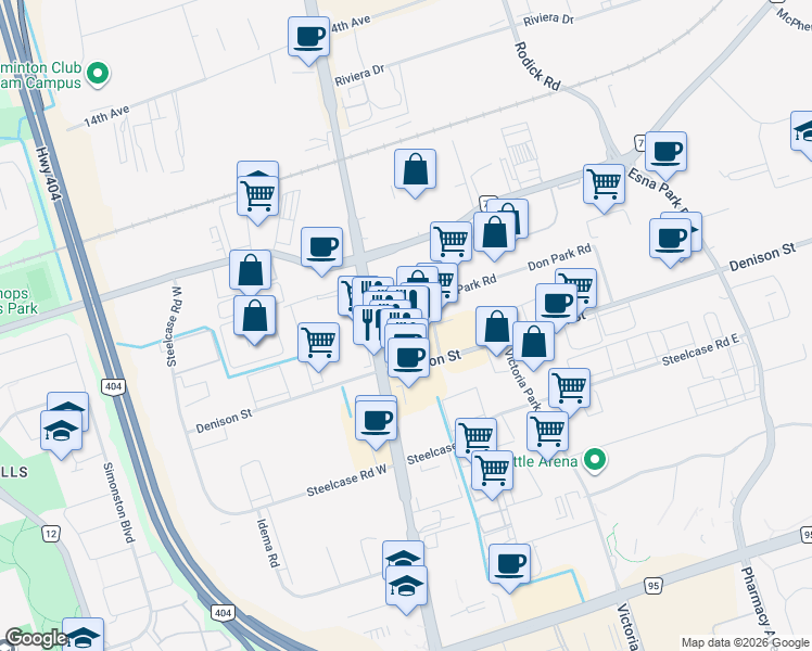 map of restaurants, bars, coffee shops, grocery stores, and more near 50 Don Park Road in Markham