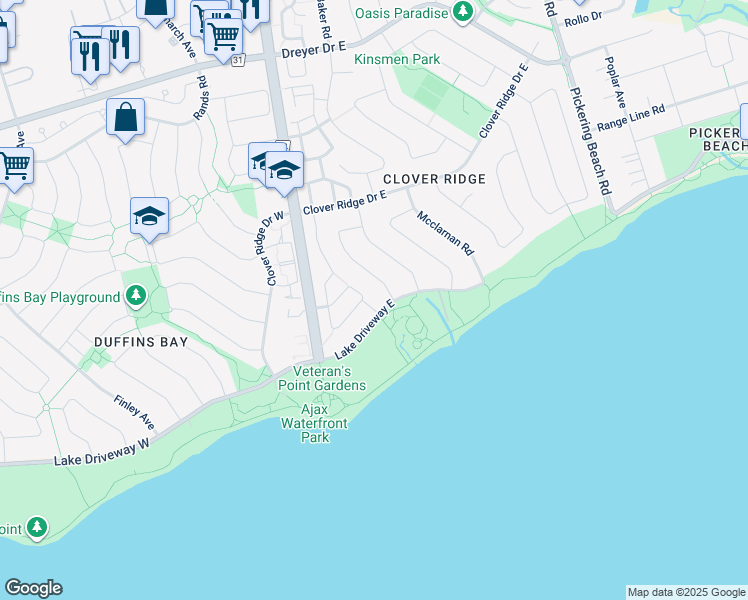 map of restaurants, bars, coffee shops, grocery stores, and more near 32 Cowling Crescent in Ajax
