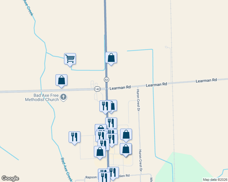 map of restaurants, bars, coffee shops, grocery stores, and more near 23-99 Learman Road in Bad Axe