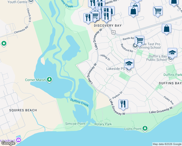 map of restaurants, bars, coffee shops, grocery stores, and more near 196 Lake Driveway West in Ajax