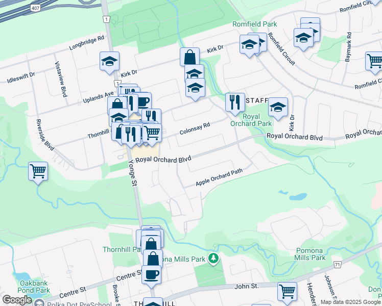 map of restaurants, bars, coffee shops, grocery stores, and more near 50 Royal Orchard Boulevard in Markham