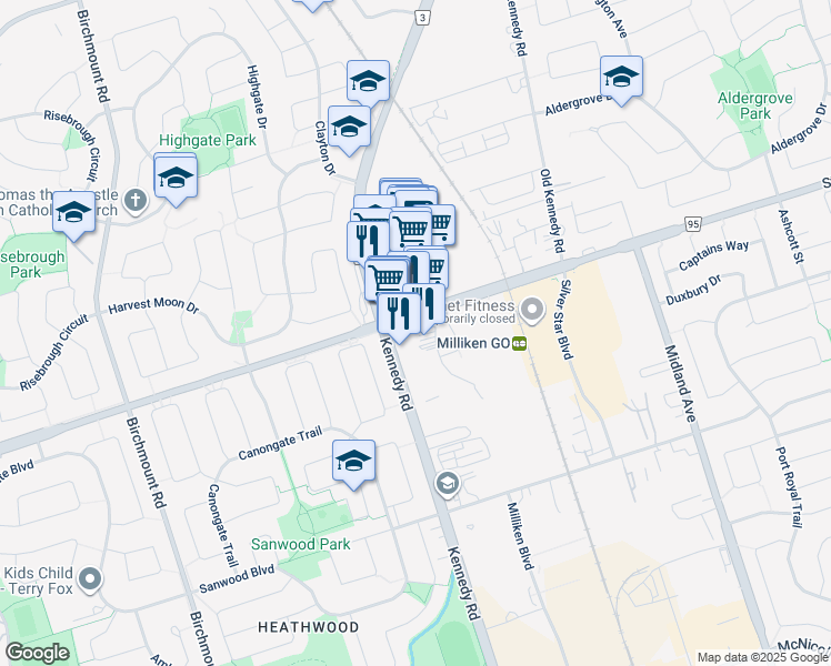 map of restaurants, bars, coffee shops, grocery stores, and more near in Markham