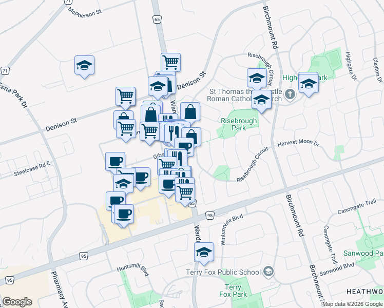 map of restaurants, bars, coffee shops, grocery stores, and more near 1 Masseyfield Gate in Markham